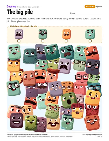 Preview of the seek and find printable (medium): 44 Oopsies in an overlapping pile. The 4 to find are partly hidden.