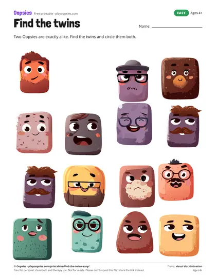 Preview of the find the twins printable (easy): 15 Oopsies, one pair of identical twins.