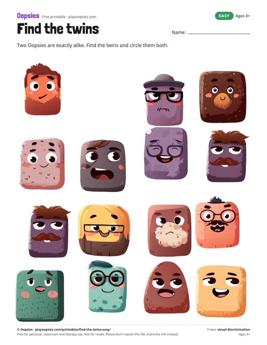 Find the twins printable (easy) with Oopsies characters: 15 Oopsies, one pair of identical twins.