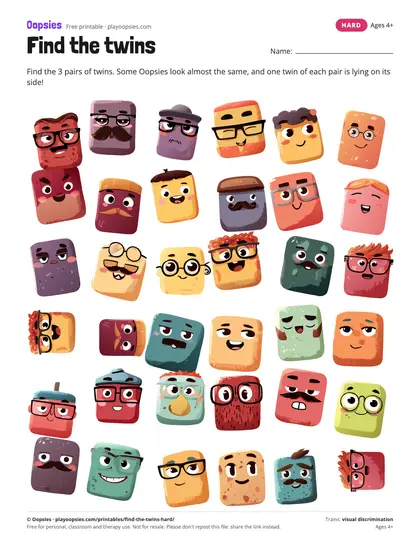 Preview of the find the twins printable (hard): 3 pairs among 36, lookalike cousins, one twin of each pair turned.