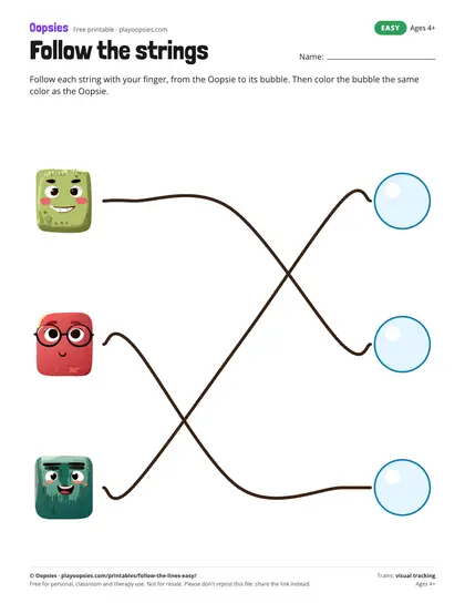 Preview of the follow the strings printable (easy): 3 tangled strings from the Oopsies to their bubbles.