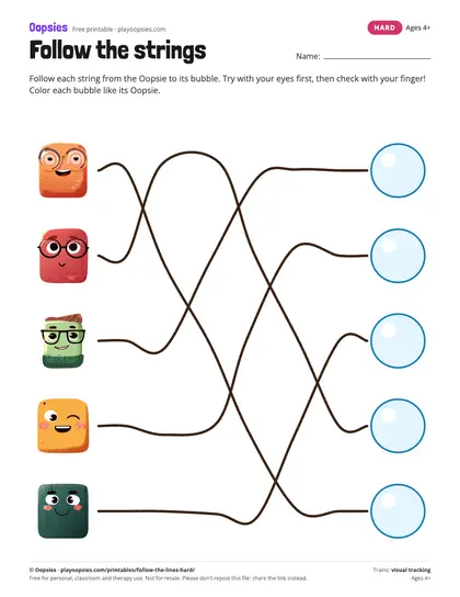 Preview of the follow the strings printable (hard): 5 strings with many crossings.