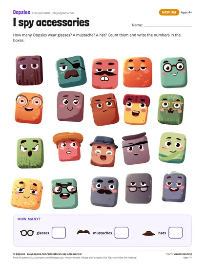 Preview of the i spy printable (medium): Count glasses, mustaches and hats. Picture labels, no reading.