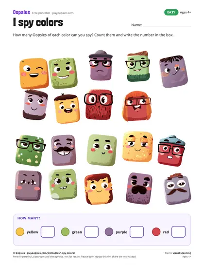 Preview of the i spy printable (easy): Count the yellow, green, purple and red Oopsies.
