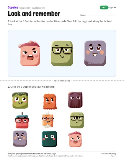 Preview of the look and remember printable (easy): Remember 3 Oopsies, fold the page, find them among 9.