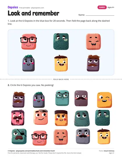 Preview of the look and remember printable (hard): Remember 6 Oopsies, then find them among 15 with lookalikes.