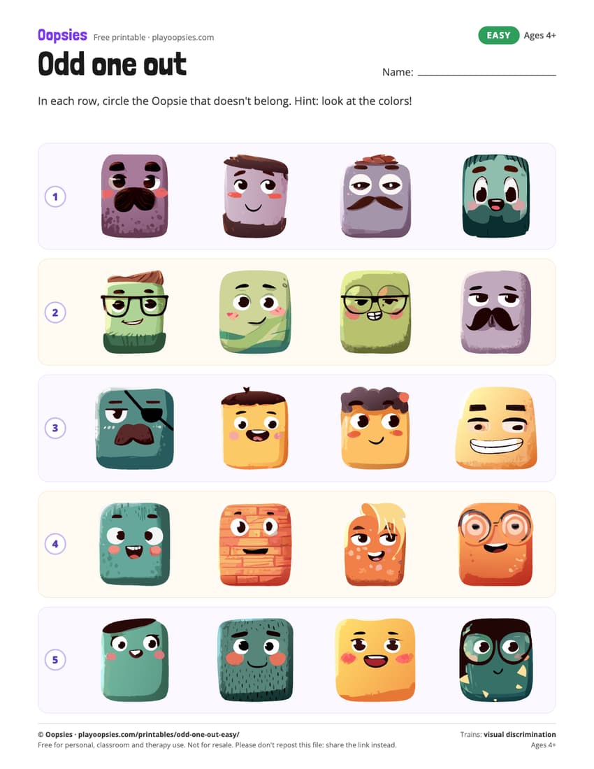 Odd one out printable (easy) with Oopsies characters: 5 rows: all the same color except one.