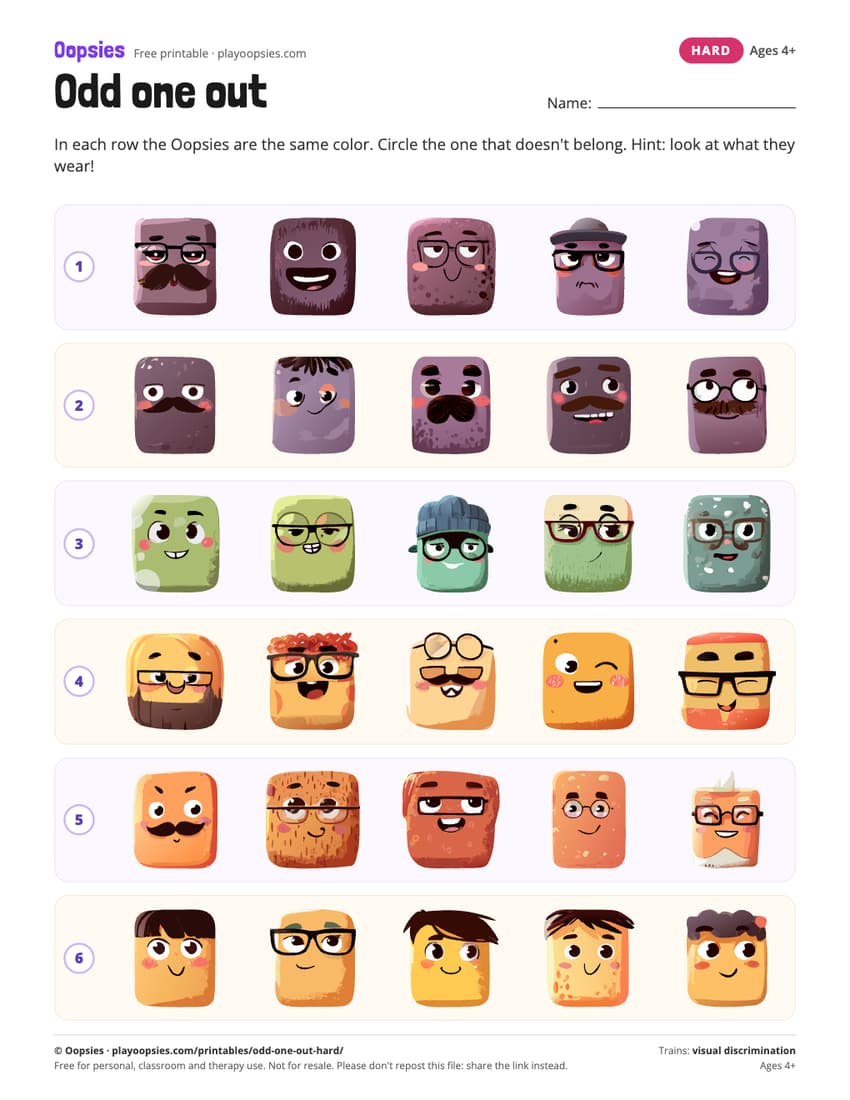 Odd one out printable (hard) with Oopsies characters: Same color in every row. The odd one only lacks the accessory.