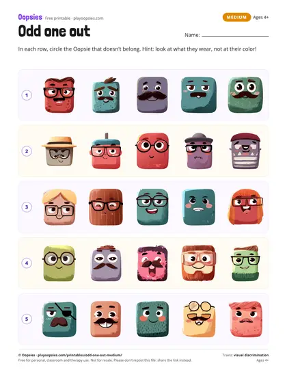 Preview of the odd one out printable (medium): Rows share an accessory. Colors are mixed, so they don't help.