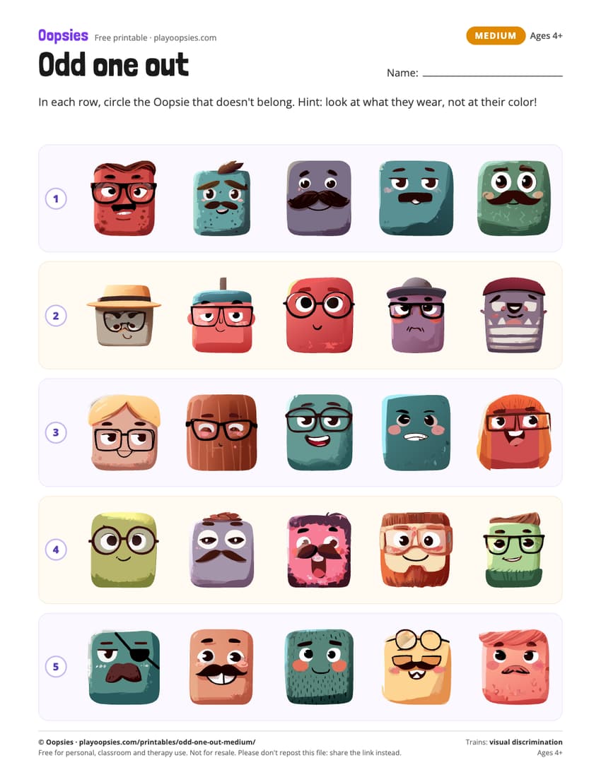 Odd one out printable (medium) with Oopsies characters: Rows share an accessory. Colors are mixed, so they don't help.