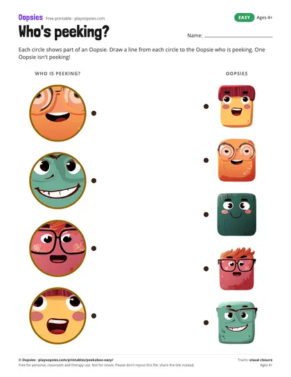 Preview of the who's peeking? printable (easy): Match 4 close-ups to the whole Oopsies. One extra Oopsie.