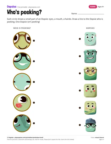 Preview of the who's peeking? printable (hard): Tight close-ups, all the same color. Eyes, mouths, hair.