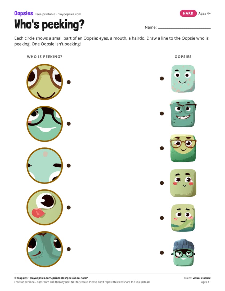 Who's peeking? printable (hard) with Oopsies characters: Tight close-ups, all the same color. Eyes, mouths, hair.