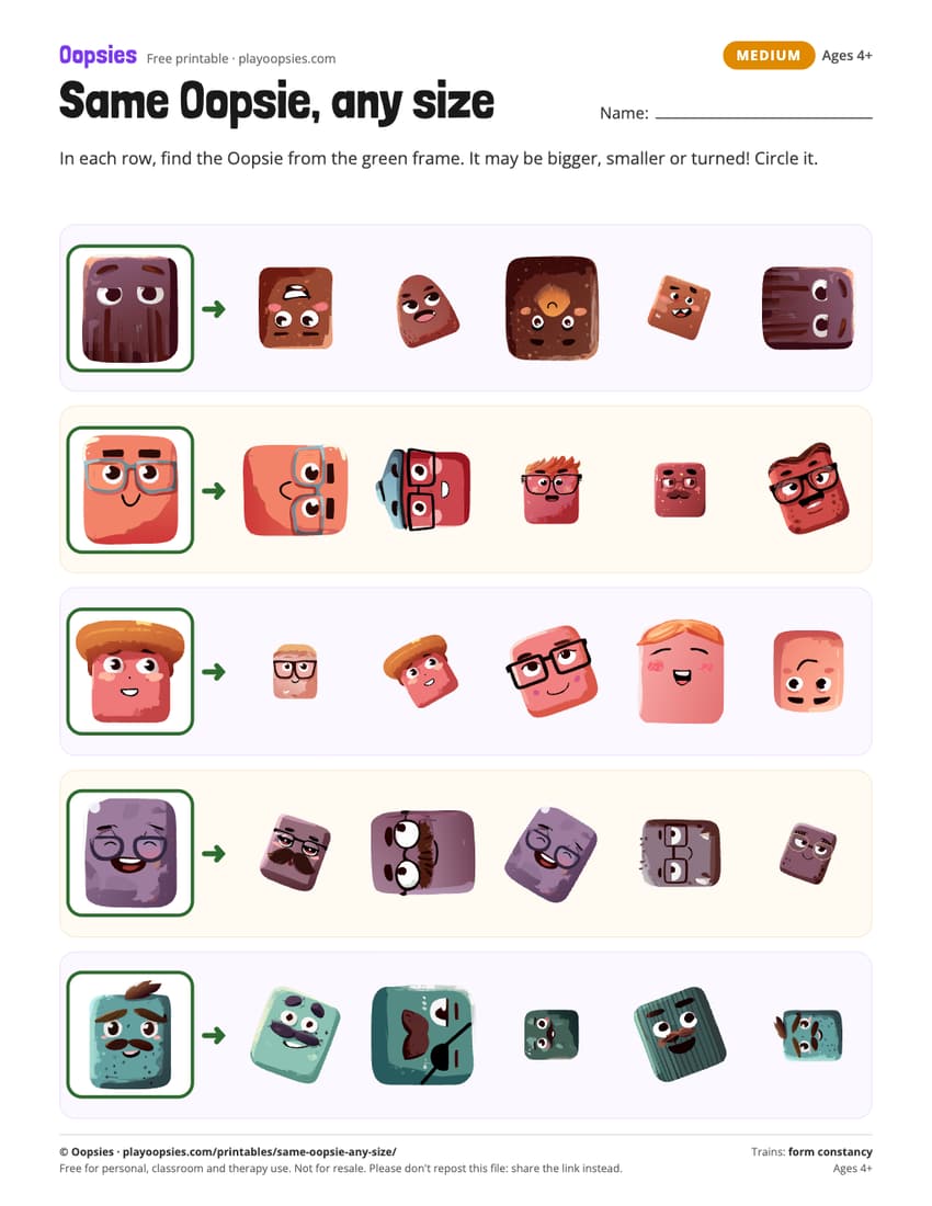 Same Oopsie, any size printable (medium) with Oopsies characters: Find the framed Oopsie, bigger, smaller or turned.