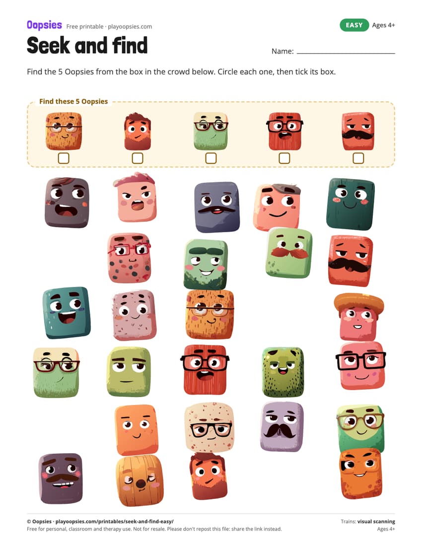 Seek and find printable (easy) with Oopsies characters: Spot 5 Oopsies in a crowd of 26. Big drawings, no lookalikes.