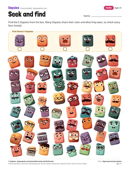 Preview of the seek and find printable (hard): 63 Oopsies, half of them close lookalikes. A real challenge.