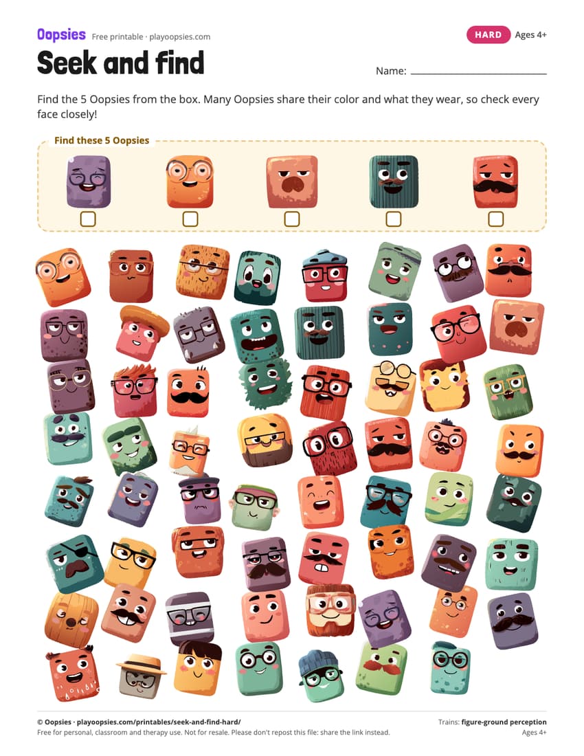Seek and find printable (hard) with Oopsies characters: 63 Oopsies, half of them close lookalikes. A real challenge.