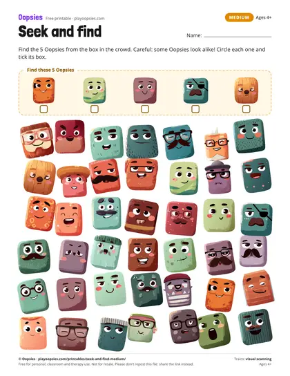 Preview of the seek and find printable (medium): 5 Oopsies hidden among 42, with some same-color lookalikes.