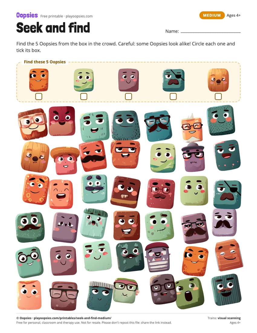 Seek and find printable (medium) with Oopsies characters: 5 Oopsies hidden among 42, with some same-color lookalikes.
