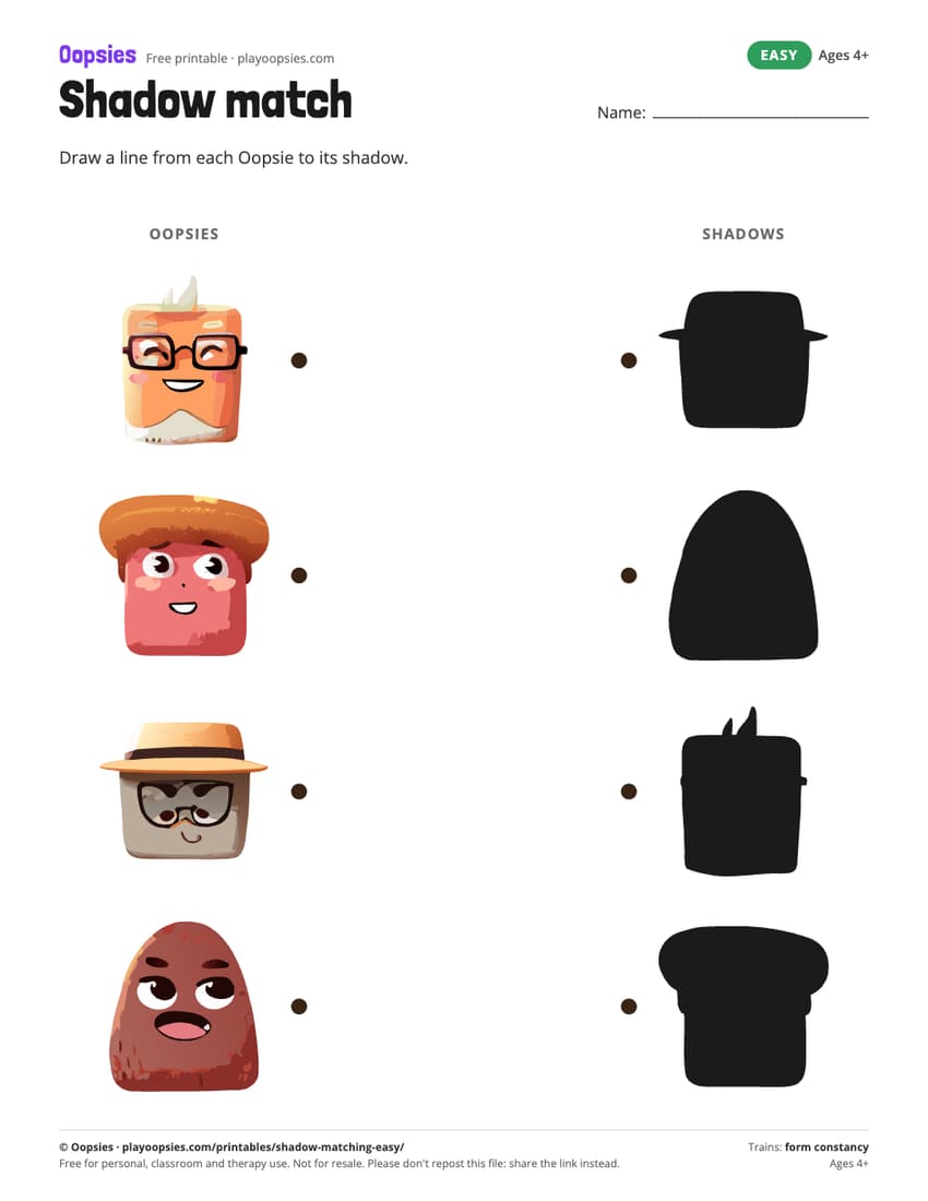 Shadow matching printable (easy) with Oopsies characters: Match 4 Oopsies to their shadows. Very distinct shapes.