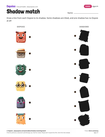 Preview of the shadow matching printable (hard): 6 Oopsies, 7 tilted shadows, one with no Oopsie.