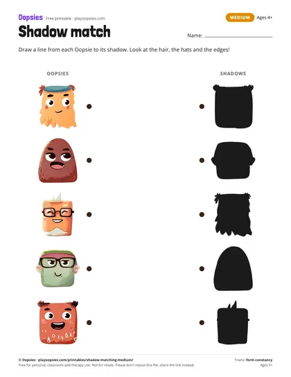 Preview of the shadow matching printable (medium): 5 Oopsies, 5 shadows, with closer-looking outlines.
