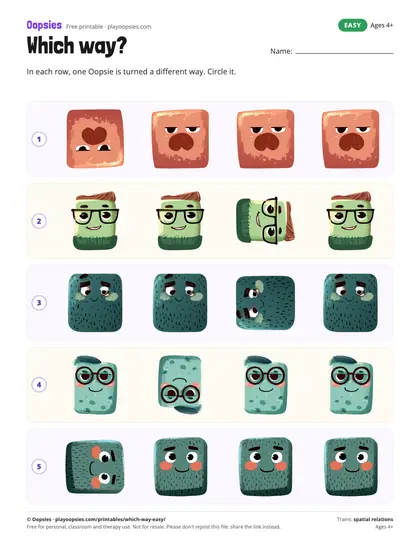 Preview of the which way? printable (easy): One Oopsie per row is upside down or on its side.