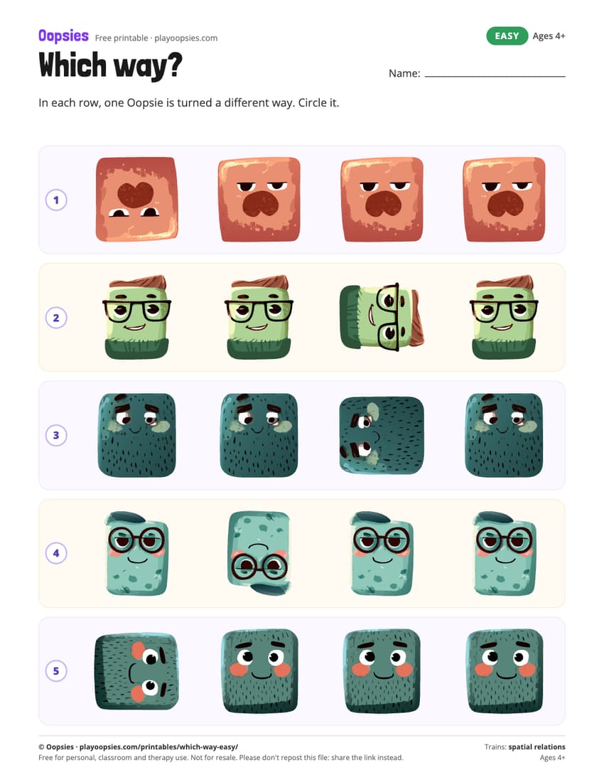 Which way? printable (easy) with Oopsies characters: One Oopsie per row is upside down or on its side.