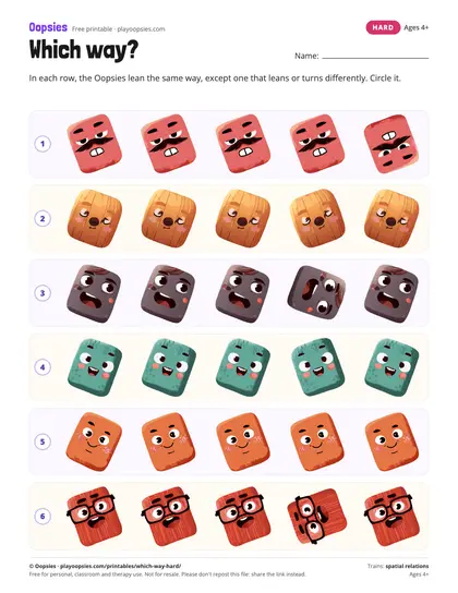 Preview of the which way? printable (hard): Rows lean one way; one Oopsie leans the other way.
