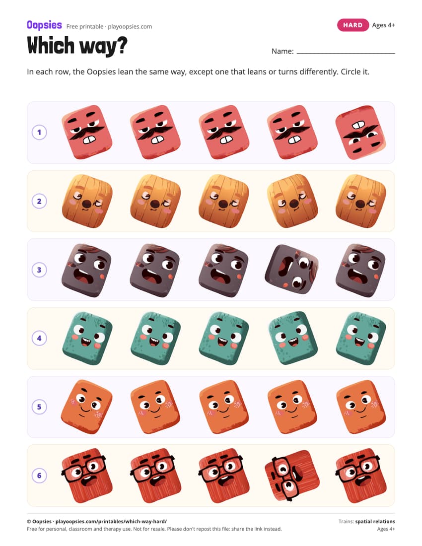 Which way? printable (hard) with Oopsies characters: Rows lean one way; one Oopsie leans the other way.